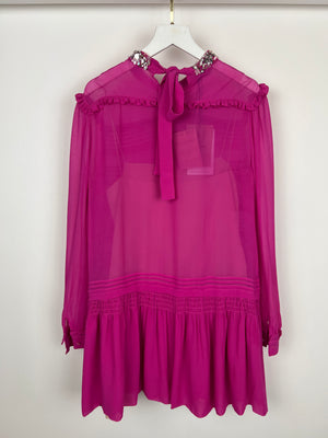 Miu Miu Fuchsia Long Sleeve Pleated Mini Dress with Embellished Neck Detail Size IT 38 (UK 6)