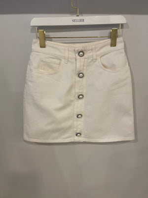 Alessandra Rich White Denim Mini Skirt with Pearl Button Details Size IT 40 (UK 8)