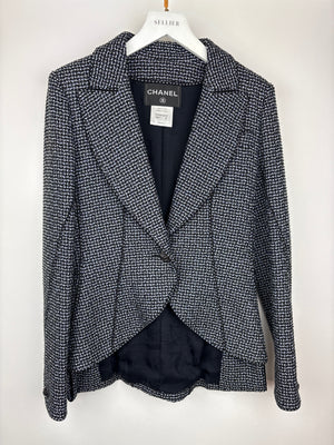 Chanel Black & Grey Metallic Tweed Curved Hem Jacket with Ruthenium CC Button Detail FR 36 (UK 8)