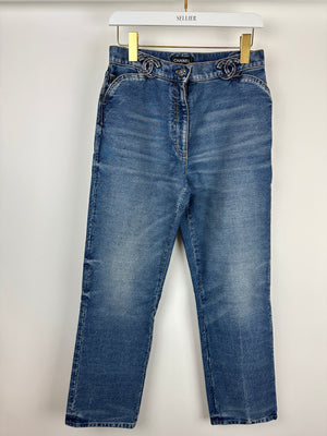 *HOT* Chanel Printed Straight Leg Jeans with CC Belt Holes Detail Size FR 36 (UK 8)