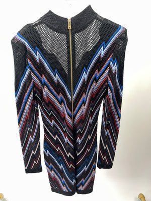 Balmain Black & Multi-colour Long-Sleeve Mesh Dress with Collar Detail FR 40 (UK 12)