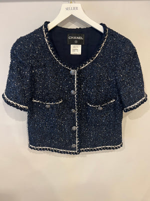 Chanel Navy, Black and White Tweed Short-Sleeve Jacket with Silver CC Buttons Size FR 40 (UK 12) RRP £3,550