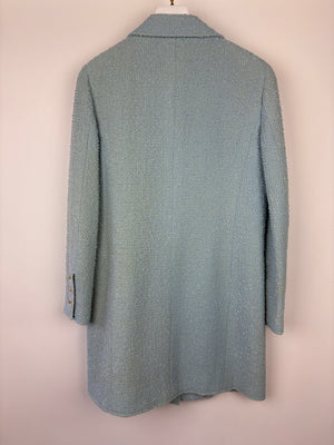 Chanel 97C Light Blue Tweed Longline Blazer and Midi Dress Set with Perspex & Gold CC Button Detail Size FR 40 (UK 12)