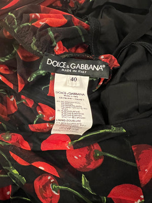 Dolce & Gabbana Black and Red Long Sleeve Ruched Dress with Cherries Print Details Size IT 40 (UK 8)