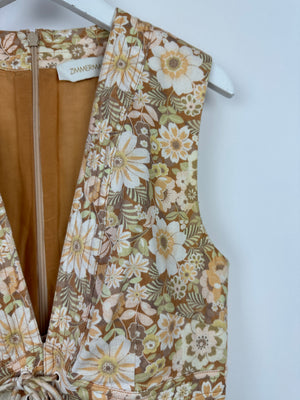 Zimmermann Beige Floral Print Linen Dress with Draw String Details Size FR 38 (UK 10)