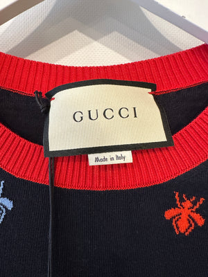 Gucci Navy Long Sleeve Jumper with Bees and Red Detail IT 40 (UK 8)