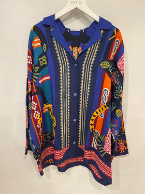 Hermès Royal Blue and Orange Silk Blouse and Matching Short Set with Printed Details Size FR 40 (UK 12)