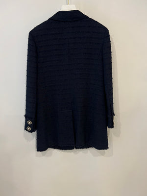 Chanel Paris Monte-Carlo Navy Tweed Long Jacket with Gripoix Pearl Details Size FR 38 (UK 10)