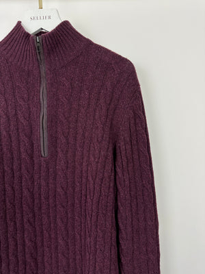 Loro Piana Menswear Burgundy Cable Knit Long Sleeve Jumper with Suede Quarter Zip Detail IT 48 (UK 38) RRP £1,700