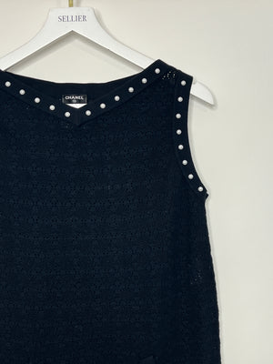 Chanel Navy Crochet Vest Top with Pearl Trim and Front Pocket Detail FR 34 (UK 6)