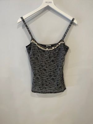 Chanel 05/A Black and Silver Tulle Top with Pearl and CC Logo Detail Size FR 40 (UK 12)