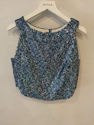 *HOT* Chanel 19P Blue Sequin Cropped Top and Short Set with Embellished Buttons Size FR 34 (UK 6) RRP £9,150