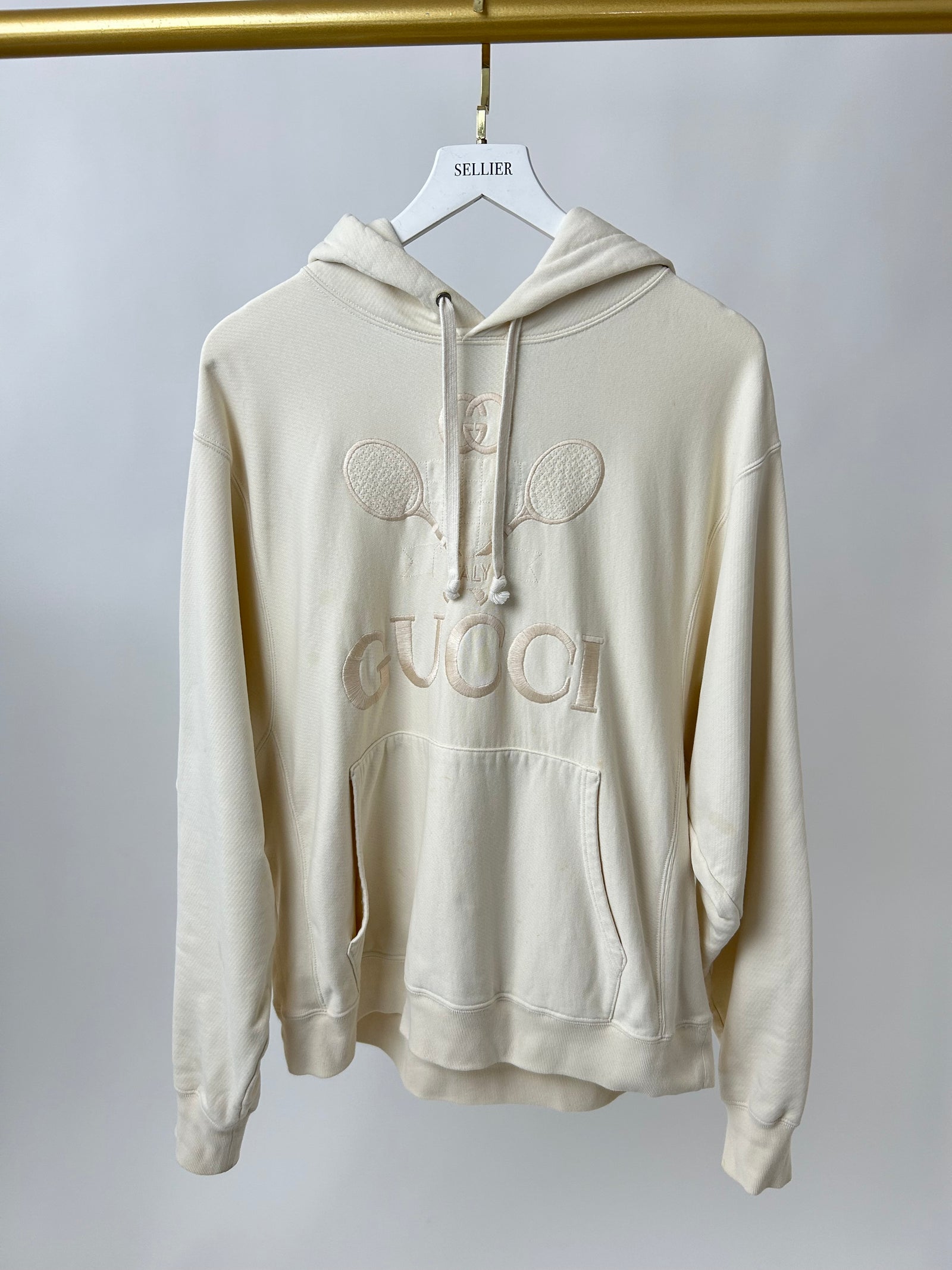 Gucci Cream Tennis Racket Embroidered Hoodie with Logo Detail Size IT Sellier