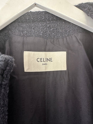 Celine Black Tweed Collarless Jacket with Braided Trim and Gold Engraved Buttons Size FR 34 (UK 6)