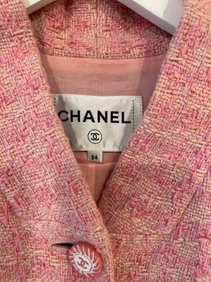 Chanel Pink Tweed Jacket and Midi Skirt Set with Ceramic CC Logo Buttons Size FR 34 (UK 6)