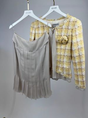 Chanel 04C Yellow and White Tweed Jacket and Grey Silk Shorts Set with Camelia Tweed Pin Detail Size FR 36 (UK 8)