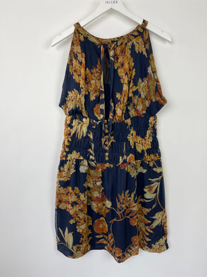 Chanel Navy Floral Silk Sleeveless Mini Dress With Decorative Gold Button Details FR 38 (UK 10)