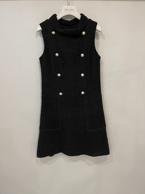 Chanel Black Knit Sleeveless Mini Dress with White Pearl Logo Details FR 40 (UK 12)