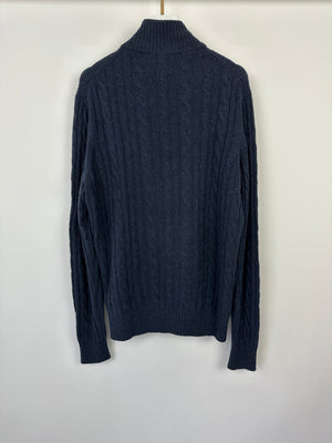 Loro Piana Menswear Navy Cable Knit Long Sleeve Jumper with Suede Quarter Zip Detail IT 48 (UK 38) RRP £1,700