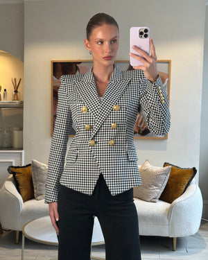 Balmain Black and White Houndstooth Blazer Jacket with Gold Button Details Size FR 38 (UK 8)