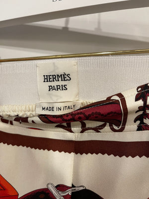 Hermès White and Burgundy Silk Blouse and Matching Elastic Waist Trousers Set with Printed Details Size FR 38/40 (UK 10/12)