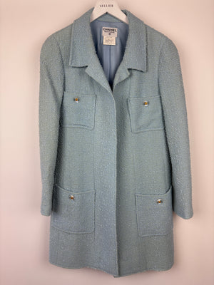 Chanel 97C Light Blue Tweed Longline Blazer and Midi Dress Set with Perspex & Gold CC Button Detail Size FR 40 (UK 12)