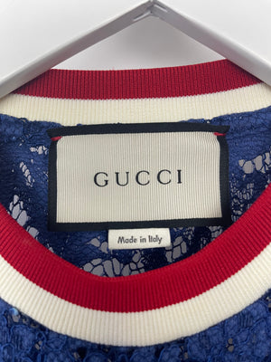 Gucci Blue Lace Top with Red & White Stripes & Butterfly Embroidery Detail Size M IT 42 (UK 10)