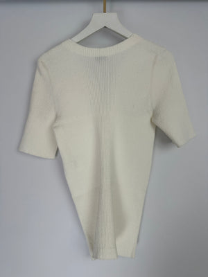 Chanel 25C White Cotton Blend Short Sleeve Jumper with Corset Neck Detail and Embroidered Logo Size FR 38 (UK 10) RRP £2395