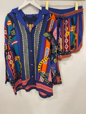 Hermès Royal Blue and Orange Silk Blouse and Matching Short Set with Printed Details Size FR 40 (UK 12)