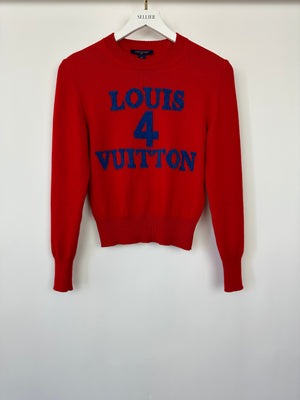 Louis Vuitton Crewneck Knit Jumper in Geranium Red with Navy Logo Size XS (UK 6) RRP £985