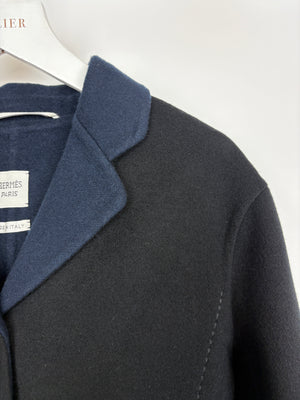 Hermès Black & Navy Cashmere Tailored Jacket With Enamel Buttons and Stitch Detail Size FR 36 (UK 8)