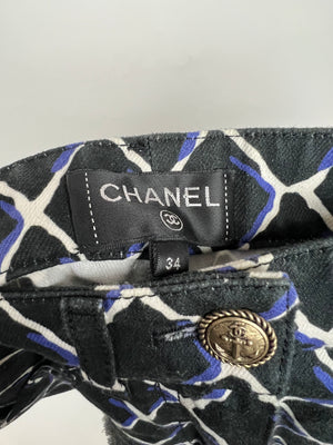 Chanel Black Denim Mini Shorts with Quilted Print in Blue & White with Anchor Button Detail Size FR 34 (UK 6)