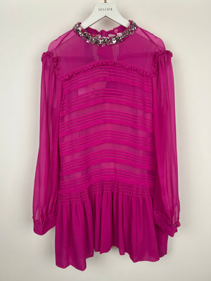 Miu Miu Fuchsia Long Sleeve Pleated Mini Dress with Embellished Neck Detail Size IT 38 (UK 6)