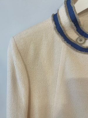 Chanel 14C Cream & Blue Tweed Long Sleeve Jacket with Gold CC Logo Details Size FR 40 (UK 12)