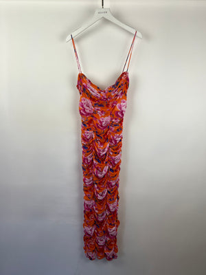 Magda Butrym Orange, Pink and Blue Floral Mesh Midi Dress with Ruching Size FR 36 (UK 8)