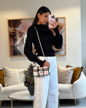 *HOT* Chanel White Tweed Mini Rectangular Single Flap Bag with Black & White Details and Silver Hardware