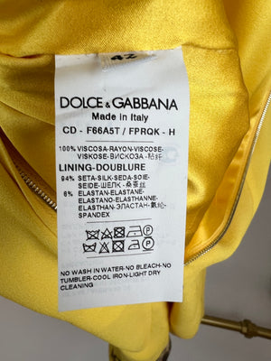 Dolce & Gabbana Yellow Long Sleeve Midi Dress with Cat and Floral Print Size IT 42 (UK 10)