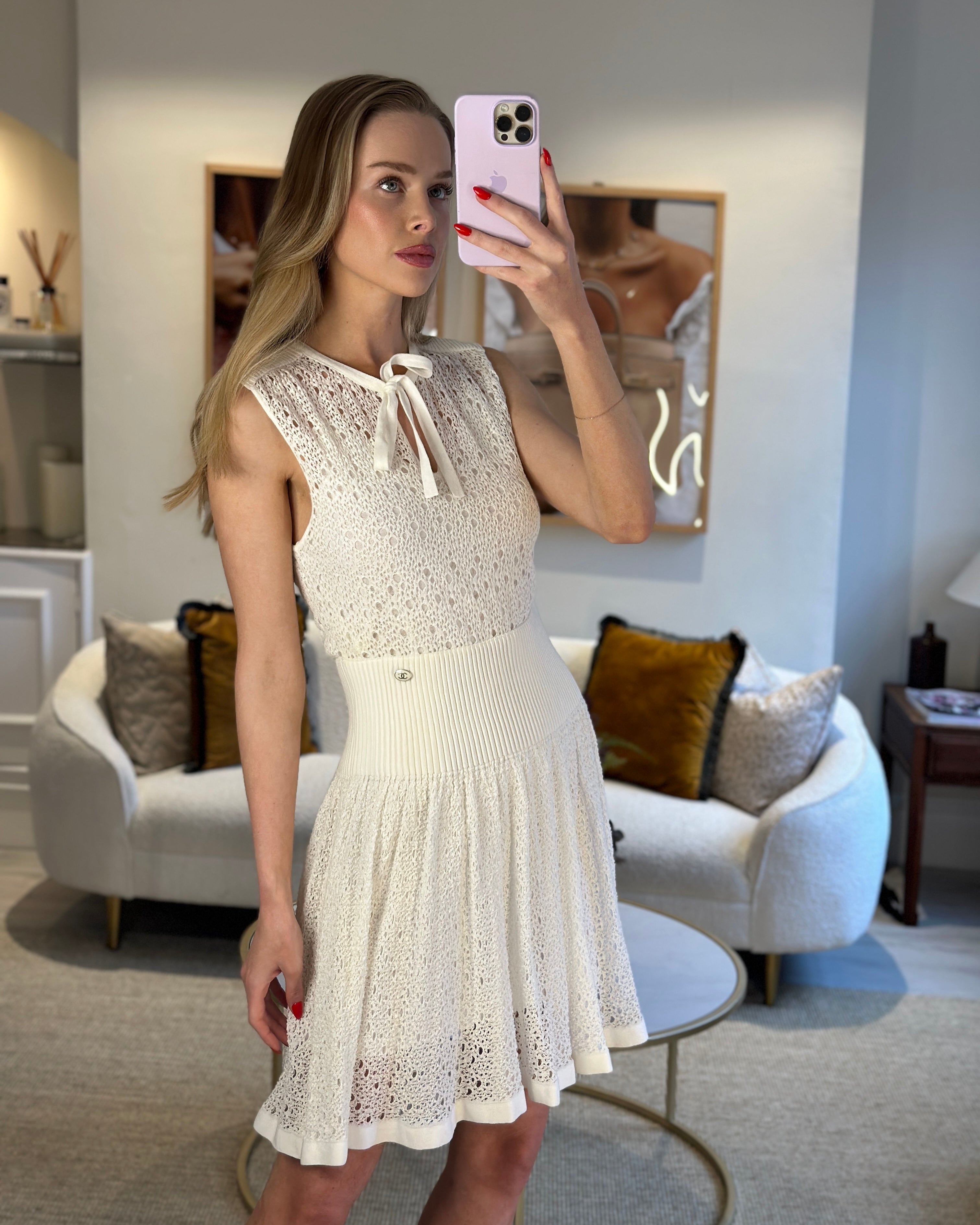 Chanel White Crochet Dress with Waistband and Neck Tie Size FR 38