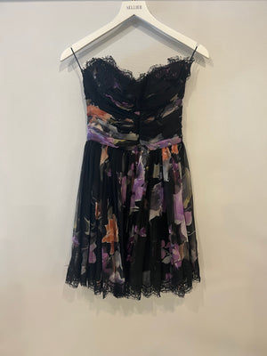 Dolce & Gabbana Black and Purple Floral Silk Corset Bandeau Dress with Lace Details Size IT 38 (UK 6)