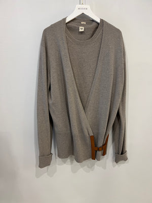 Hermès Grey Cashmere Sleeveless Top and Cardigan Set with Brown H Leather Belt Detail Size FR 40 (UK 12)