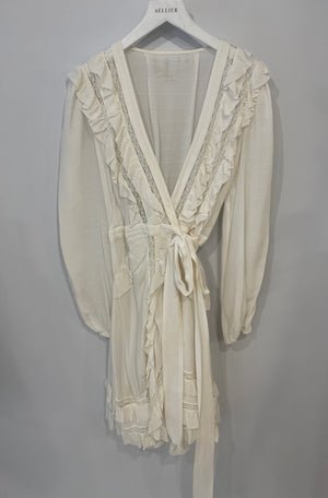 Zimmermann White Silk Long-Sleeve Mini Wrap Dress with Lace Details Size 2 (UK 12)