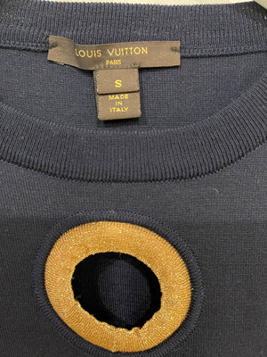 Louis Vuitton Navy Long-Sleeve Wool Top with Gold Cut-Out Details Size S (UK 8)