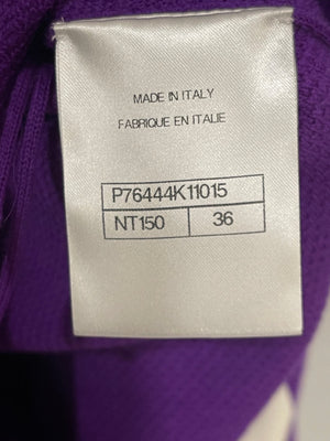 Chanel Cruise 2024 Purple Cashmere Short Sleeve Hooded Mini Dress with Crystal Multicolour CC Buttons Detail Size FR 36 (UK 8)