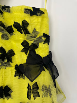 Rodarte Yellow Tulle One Shoulder Maxi Dress With Black Bow Detail Fall 2019 Size UK 10