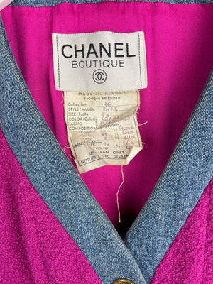 Chanel Fuchsia Pink Tweed Longline Blazer and Mini Skirt Set with Denim Trim & Gold Logo Button Detail Size FR 40 (UK 12)