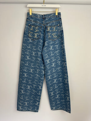 *HOT* Chanel CC Printed Wide Leg Jeans with Sequinned CC Logo Back Pocket Details Size FR 34 (UK 6)