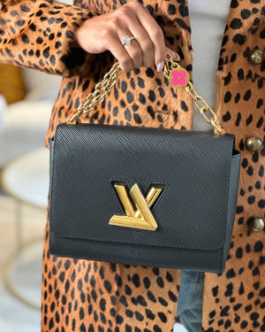 Louis Vuitton Black Epi Leather Twist MM Bag with Gold Chain Hardware and Pink Flower Detail