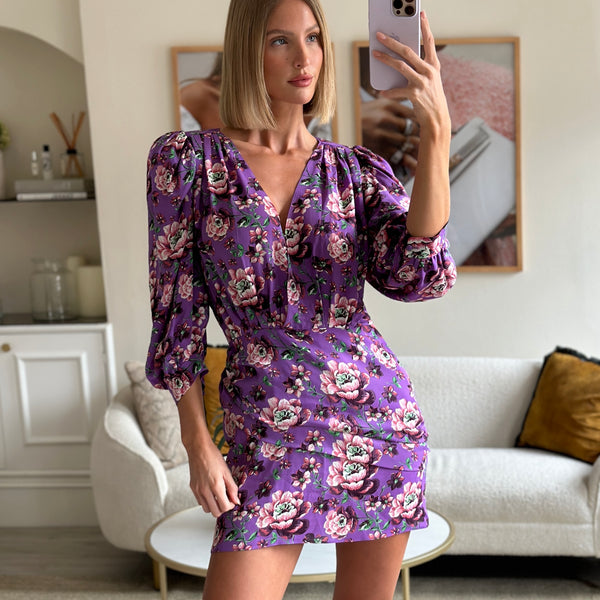 Magda Butrym Purple Floral Silk Mini Dress with Shoulder Pads Size FR –  Sellier