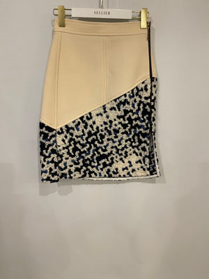 Louis Vuitton Cream Skirt with Navy White Wool Appliqué and Split Details Size FR 36 (UK 8)