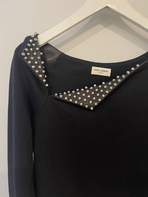 Saint Laurent Black Jumper with Leather Collar & Stud Details Size FR 36 (UK 8)